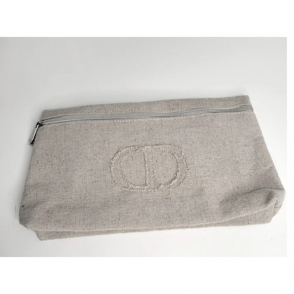 New Dior Beauty Cosmetic Pouch Women Beige Canvas Frayed CD Logo Zip Clutch‎
